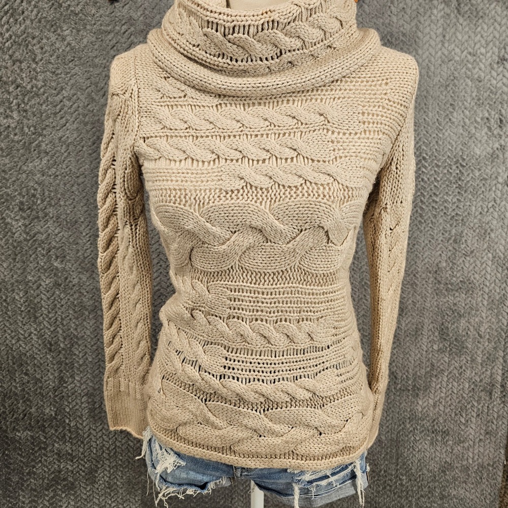 Banana‎ Republic Womens XS Tan Alpaca Wool Blend Cowl Neck Cable Knit Sweater